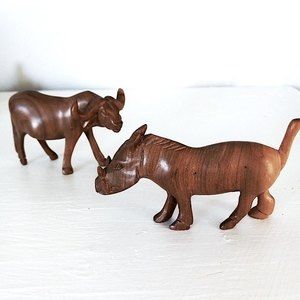 Two carved animal figures water buffalo and wild boar handmade wood 5"